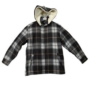 Elevani Plaid Fleece Sherpa Lined Hooded Jacket Gray Black Beige Size 14
